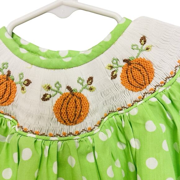 Dibble Dabble Girls 24 Month Boutique Smocked Green Pumpkin Dress Fall - Picture 2 of 7